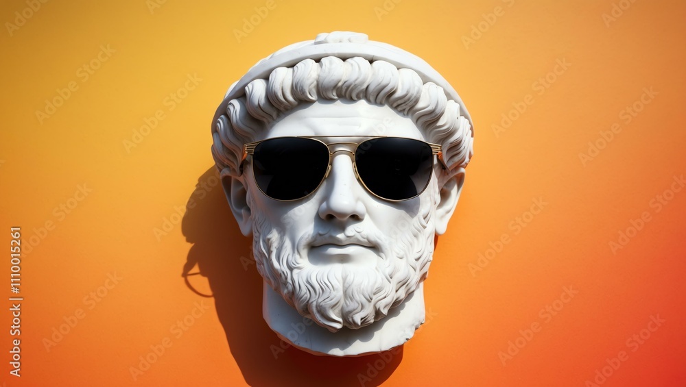 orange to yellow gradient background with a close-up Greek marble head bust on party sunglasses orange to yellow gradient background with a close-up Greek marble head bust on party sunglasses