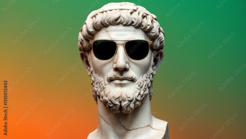orange to green gradient background with a close-up Greek marble head bust on party sunglasses orange to green gradient background with a close-up Greek marble head bust on party sunglasses