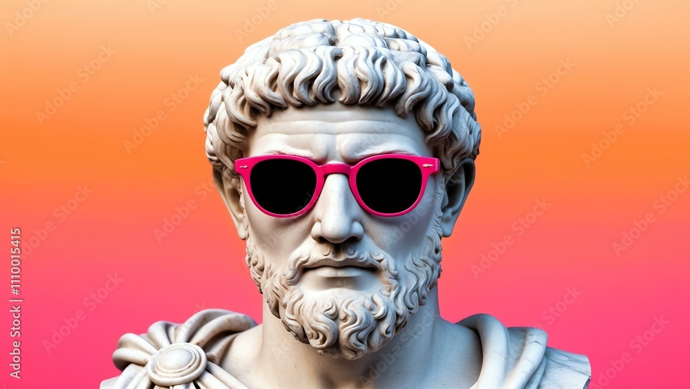 orange to pink gradient background with a close-up Greek marble head bust on party sunglasses orange to pink gradient background with a close-up Greek marble head bust on party sunglasses