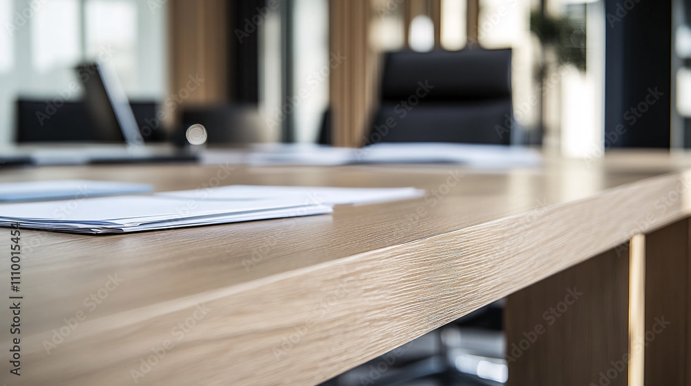 Obraz premium 65.A modern office table with a light, wood-like finish, featuring a smooth, polished surface. The table is almost bare, with just a few papers spread across it, emphasizing the clean and minimalist