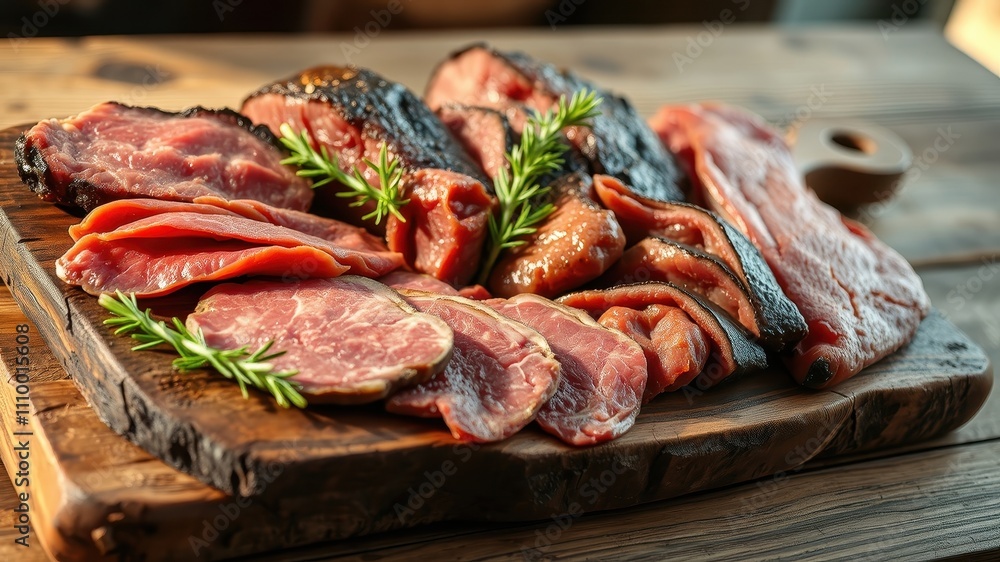 A rustic wooden board displaying a variety of thinly sliced cured meats, arranged with sprigs of fresh rosemary A rustic wooden board displaying a variety of thinly sliced cured meats, arranged with sprigs of fresh rosemary
