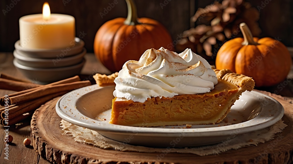 custom made wallpaper toronto digitalClose-Up of Pumpkin Pie with Whipped Cream on Rustic Autumn Table