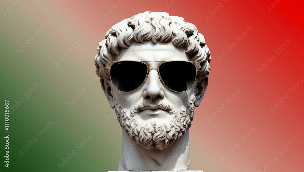 green to red gradient background with a close-up Greek marble head bust on party sunglasses green to red gradient background with a close-up Greek marble head bust on party sunglasses