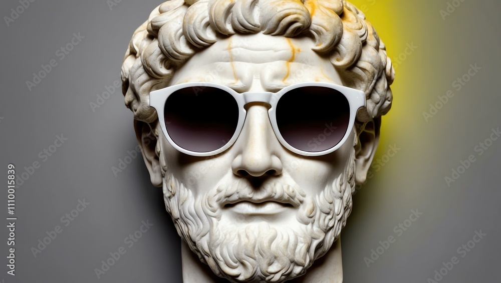gray to yellow gradient background with a close-up Greek marble head bust on party sunglasses gray to yellow gradient background with a close-up Greek marble head bust on party sunglasses