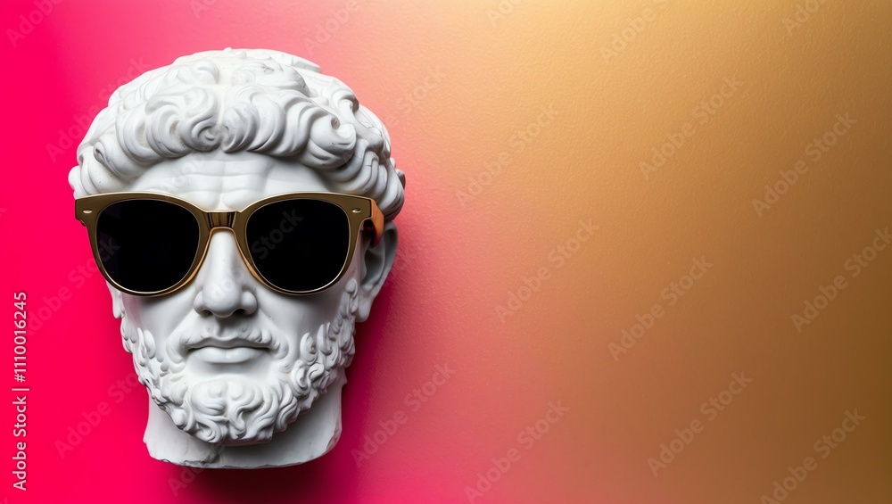 gold to pink gradient background with a close-up Greek marble head bust on party sunglasses gold to pink gradient background with a close-up Greek marble head bust on party sunglasses