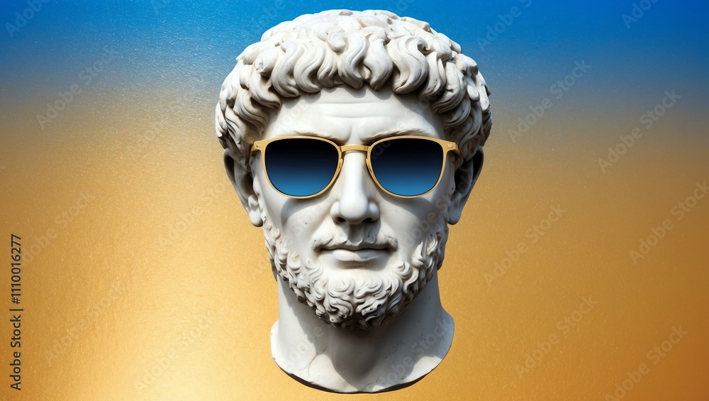 gold to blue gradient background with a close-up Greek marble head bust on party sunglasses gold to blue gradient background with a close-up Greek marble head bust on party sunglasses