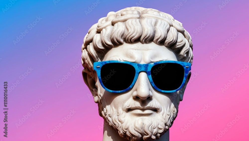 blue to pink gradient background with a close-up Greek marble head bust on party sunglasses blue to pink gradient background with a close-up Greek marble head bust on party sunglasses