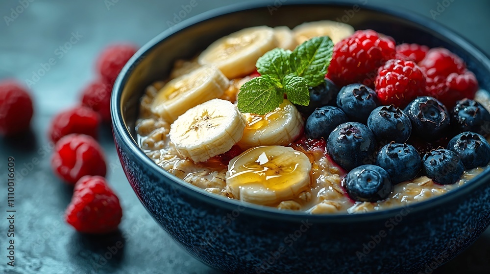 Nourishing Oatmeal Bowl with Fresh Berries and Banana Slices Drizzled with Honey Healthy Breakfast Concept Nourishing Oatmeal Bowl with Fresh Berries and Banana Slices Drizzled with Honey Healthy Breakfast Concept