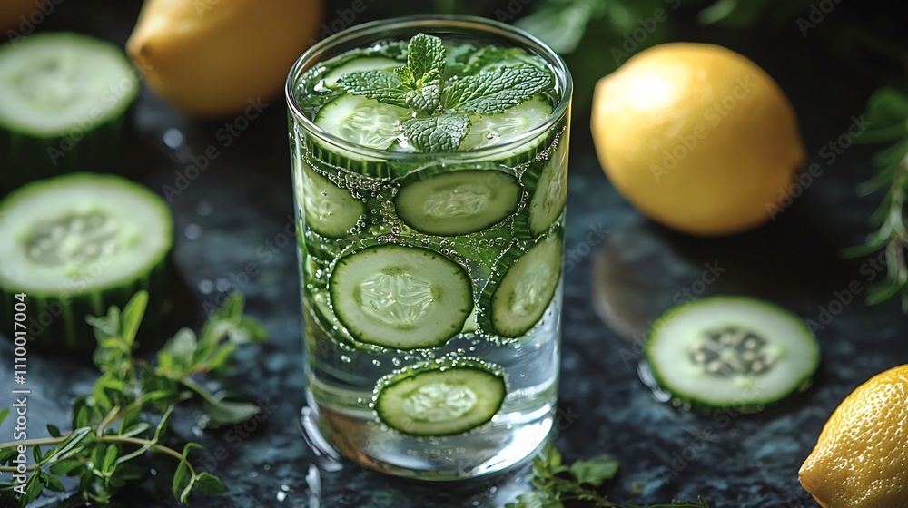 Refreshing Glass of Lemon Infused Water with Fresh Herbs and Cucumber Slices Symbolizing Healthy and Detoxification Refreshing Glass of Lemon Infused Water with Fresh Herbs and Cucumber Slices Symbolizing Healthy and Detoxification