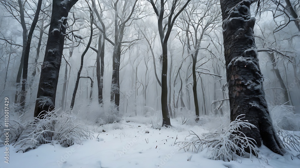 Naklejka premium Snowstorm in a Winter Forest: Mystical Snow-Covered Trees