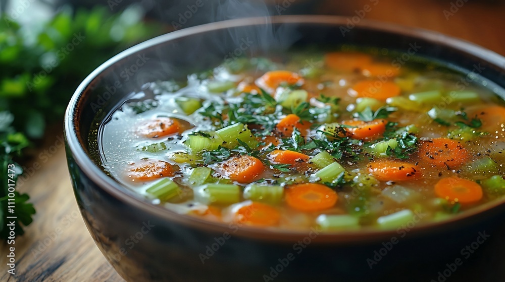 Steaming Bowl of Homemade Vegetable Soup with Vibrant Produce and Herbs in Cozy Kitchen Steaming Bowl of Homemade Vegetable Soup with Vibrant Produce and Herbs in Cozy Kitchen