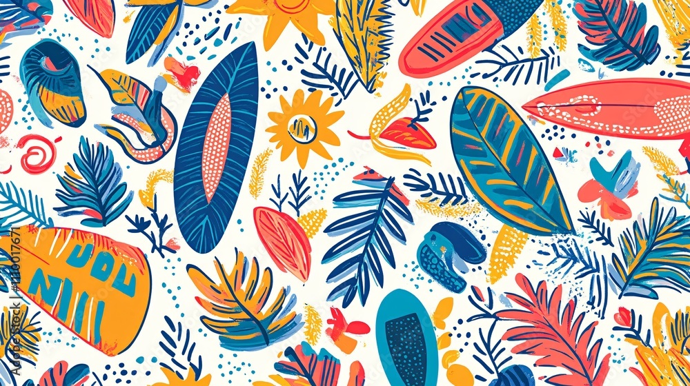 Naklejka premium 43.Abstract tropical pattern with bold, stylized palm leaves, surfboards, and sun icons, forming a continuous, seamless design. The minimal art style combines playful organic shapes and bright