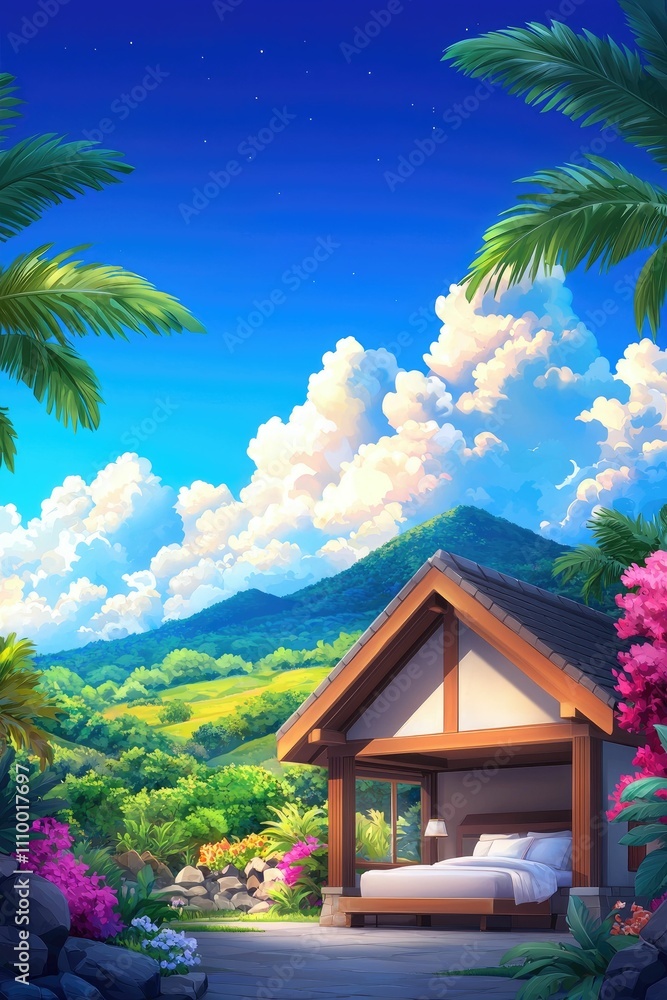 Obraz premium Tropical bungalow bedroom with mountain view, lush vegetation, and clear sky.
