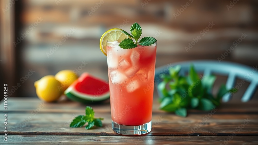 Fototapeta premium Refreshing Watermelon and Lemon Ice Drink with Mint Garnishing on Wooden Table