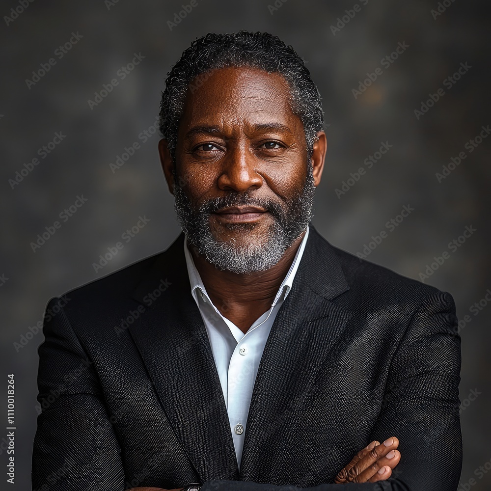 Senior African-American executive stands with arms crossed, exuding confidence and authority in a classic black suit, softly illuminated against a textured grey background Senior African-American executive stands with arms crossed, exuding confidence and authority in a classic black suit, softly illuminated against a textured grey background