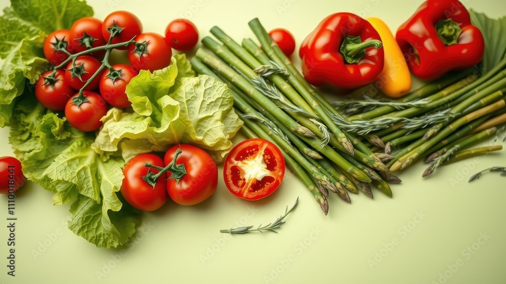 A vibrant display of fresh produce, featuring plump tomatoes, crisp lettuce, delicate asparagus spears, and juicy bell peppers, all arranged on a soft green background. A vibrant display of fresh produce, featuring plump tomatoes, crisp lettuce, delicate asparagus spears, and juicy bell peppers, all arranged on a soft green background.