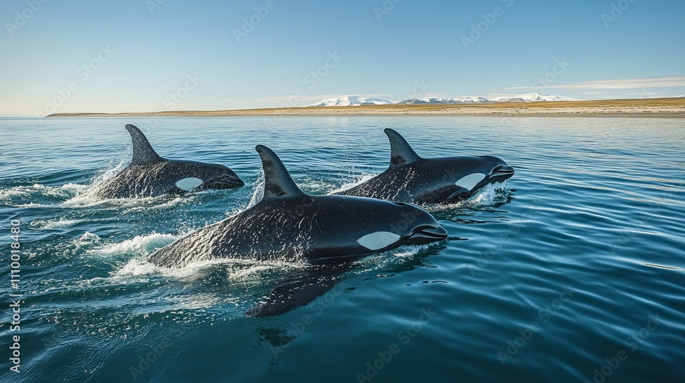 Naklejka premium Three Orcas Swim Gracefully In The Arctic Ocean