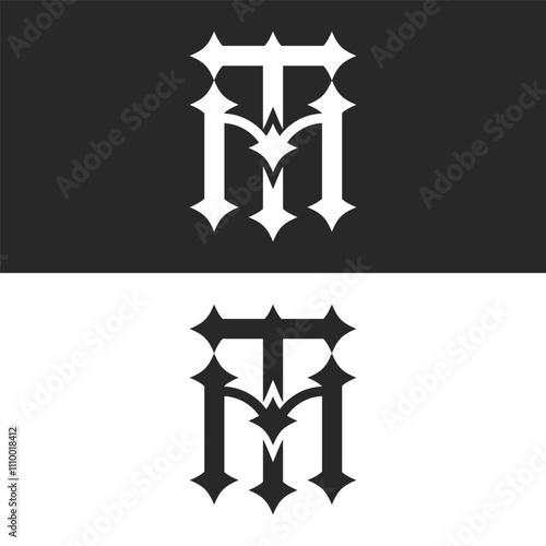 Initials tm or mt letters monogram logo design in black and white, sharp bold gothic font geometric typography, versatile calligraphic emblem for branding.