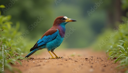 Colorful bird perched on dirt road in field