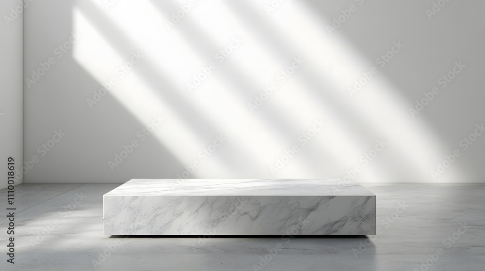 Light marble podium on a light grey floor, minimalist design with an expansive empty background ideal for showcasing products. Light marble podium on a light grey floor, minimalist design with an expansive empty background ideal for showcasing products.