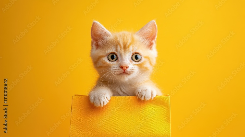 Adorable ginger kitten peeking over yellow bag. Perfect for pet, adoption, or spring themes. Adorable ginger kitten peeking over yellow bag. Perfect for pet, adoption, or spring themes.