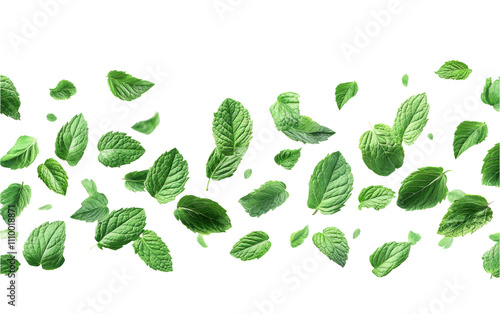 Fresh Mint Leaves Floating on Transparent Background