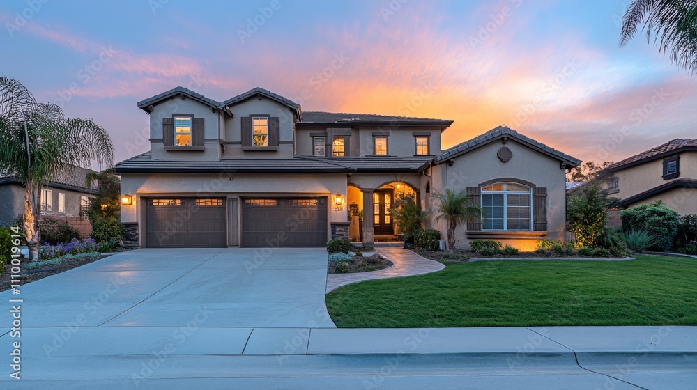 Beautiful Home Exterior with Vibrant Sunset Sky Beautiful Home Exterior with Vibrant Sunset Sky