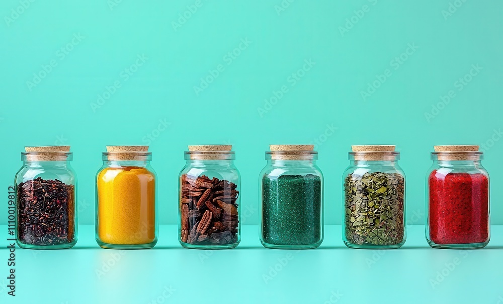 Colorful spice jars lined up against a turquoise background, perfect for showcasing culinary artistry and flavor. Colorful spice jars lined up against a turquoise background, perfect for showcasing culinary artistry and flavor.