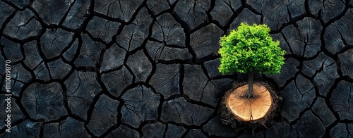 A resilient tree sprouts from a cut stump amid cracked earth, symbolizing hope and perseverance in a harsh environment. photo