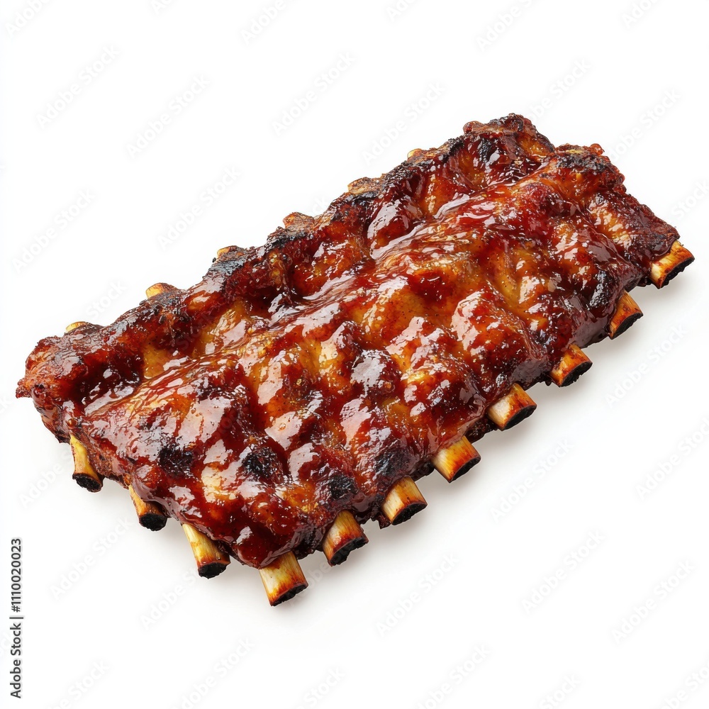 A succulent rack of barbecue ribs glazed with smoky sauce, isolated white background, hyperrealism art style A succulent rack of barbecue ribs glazed with smoky sauce, isolated white background, hyperrealism art style