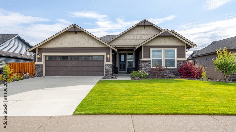 Fototapeta premium Bright Modern Home for Sale with Relaxed Landscaping