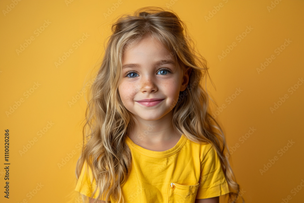 A cheerful girl with blonde hair and blue eyes smiles against a vivid yellow background, her matching shirt enhancing the lively feel. A cheerful girl with blonde hair and blue eyes smiles against a vivid yellow background, her matching shirt enhancing the lively feel.