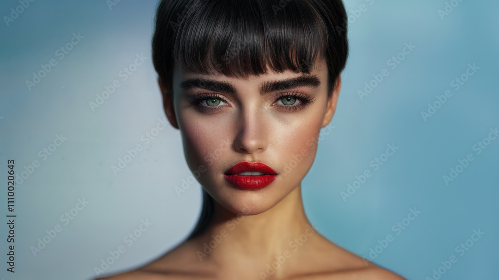 An evocative portrait of a young model with short hair and bare shoulders. Striking green eyes and red lipstick. Light blue background. Intense and mesmerizing expression. An evocative portrait of a young model with short hair and bare shoulders. Striking green eyes and red lipstick. Light blue background. Intense and mesmerizing expression.