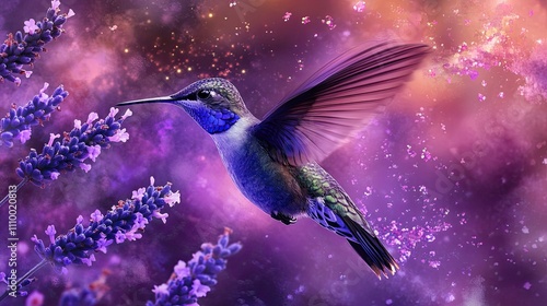 A vibrant hummingbird hovers near lavender flowers against a cosmic backdrop. photo