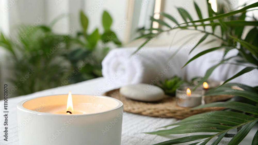 serene spa setting featuring lit candle, soft towels, and lush greenery, creating calming atmosphere for relaxation and rejuvenation serene spa setting featuring lit candle, soft towels, and lush greenery, creating calming atmosphere for relaxation and rejuvenation