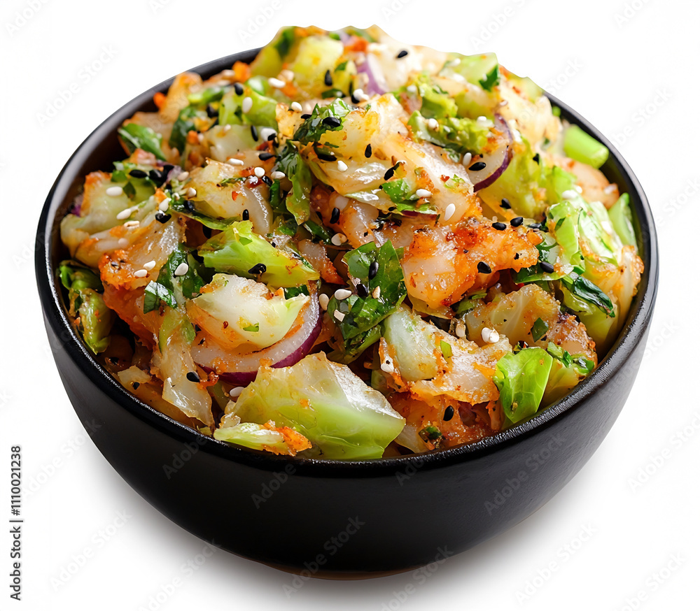 Macro Side Dish of Fried Cabbage on White Background Macro Side Dish of Fried Cabbage on White Background