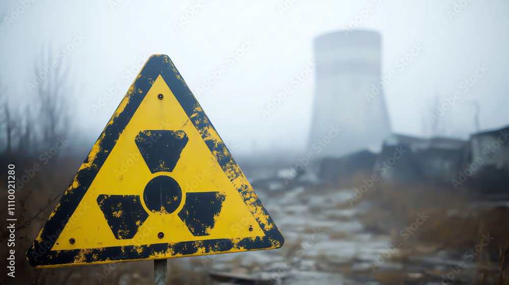 Fototapeta premium A foggy landscape featuring a radiation warning sign in front of a nuclear plant, evoking a sense of desolation and decay.