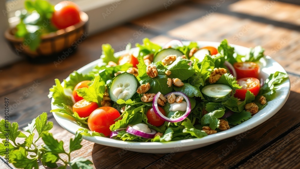 A fresh salad with tomatoes, cucumbers, and red onions, topped with chopped nuts and a creamy dressing, served on a white plate. A fresh salad with tomatoes, cucumbers, and red onions, topped with chopped nuts and a creamy dressing, served on a white plate.