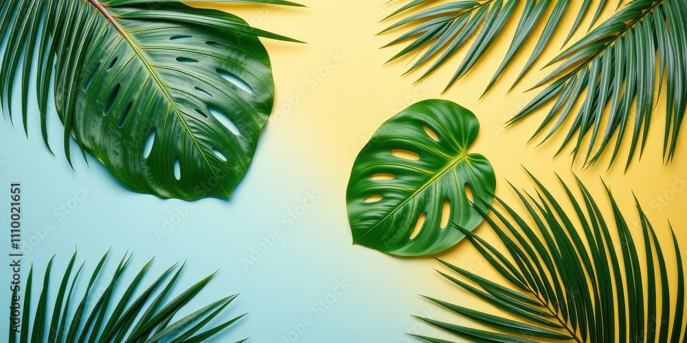 Tropical Leaf Arrangement on Gradient Background with Blue and Yellow Tones Tropical Leaf Arrangement on Gradient Background with Blue and Yellow Tones