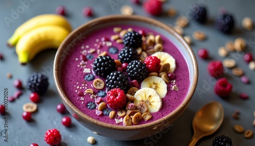 Healthy purple smoothie with a variety of berries, banana slices, nuts, and seeds on a grey surface