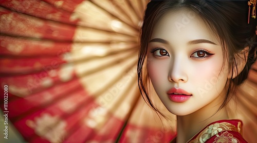 Close-up portrait of a young woman with dark hair, wearing a traditional Asian dress and standing near a large red and gold paper fan.