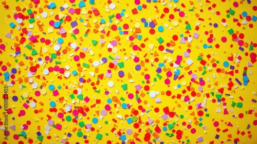 A vibrant yellow background adorned with a playful assortment of colorful circles, squares, and stars, creating a festive and cheerful pattern.