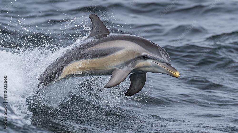 Obraz premium A dolphin leaps from the ocean waves, creating a spray. Perfect for marine life, wildlife, and nature documentaries.
