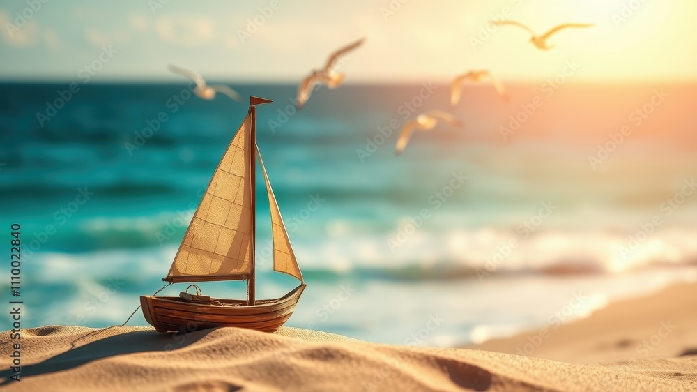 Obraz premium A Miniature Sailboat Rests on a Sandy Beach with the Ocean and Flying Birds in the Background