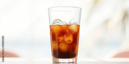 A tall glass filled with a dark brown beverage and ice cubes, resting on a white surface with a blurred background.