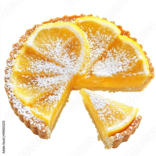 A tangy lemon tart with a dusting of powdered sugar, isolated white background, impressionistic art style photo