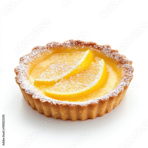 A tangy lemon tart with a dusting of powdered sugar, isolated white background, impressionistic art style photo