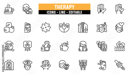 Set of 25 line icons therapy. Editable stroke. Vector illustration