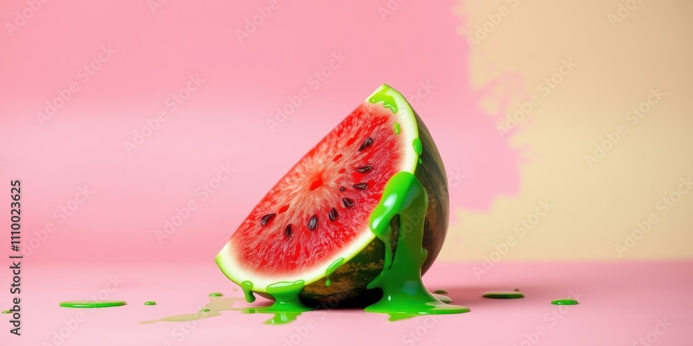 A slice of watermelon melting into a vibrant green liquid on a pastel pink and yellow background. A slice of watermelon melting into a vibrant green liquid on a pastel pink and yellow background.