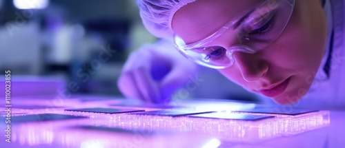 A close-up of a manufacturing technician inspecting quality control of semiconductor chips in a cleanroom facility, with microelectronics and semiconductor fabrication equipment visible photo